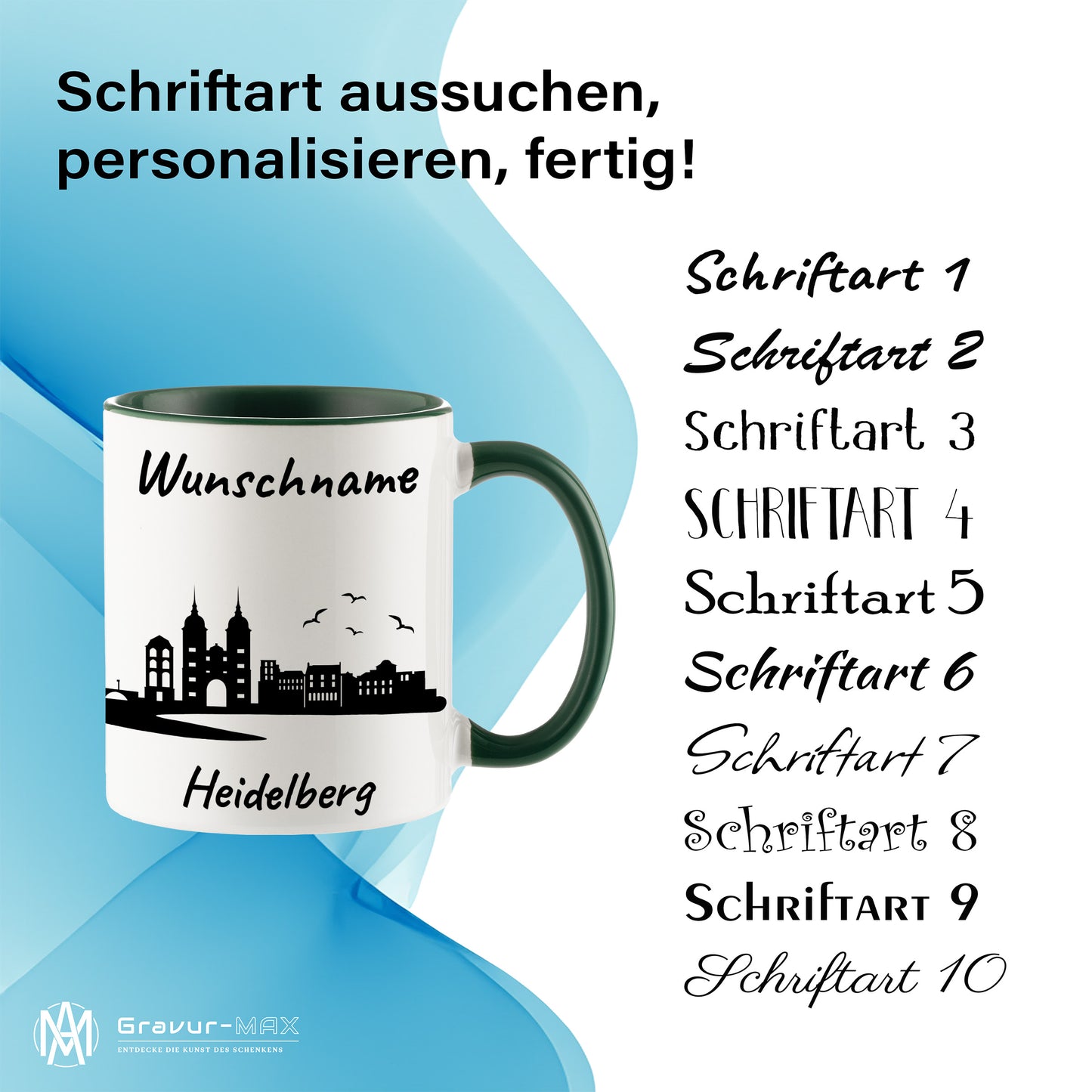Tasse in Dunkelgrün 330ml bedruckt mit der Skyline von Heidelberg personalisierbar mit Wunschname