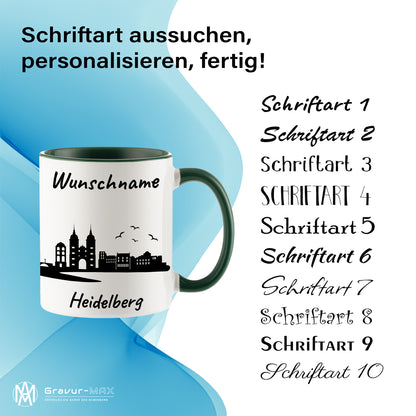 Tasse in Dunkelgrün 330ml bedruckt mit der Skyline von Heidelberg personalisierbar mit Wunschname