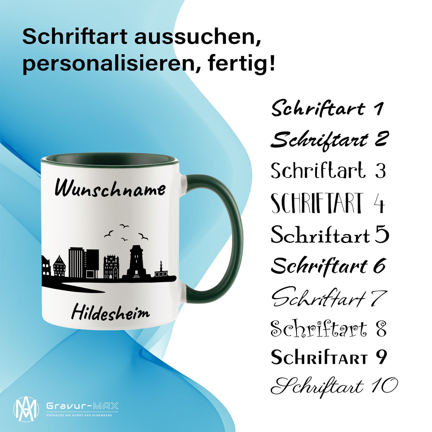 Tasse in Dunkelgrün 330ml bedruckt mit der Skyline von Hildesheim personalisierbar mit Wunschname