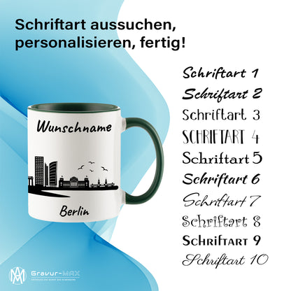 Tasse in Dunkelgrün 330ml bedruckt mit der Skyline von Berlin personalisierbar mit Wunschname
