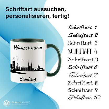 Tasse in Dunkelgrün 330ml bedruckt mit der Skyline von Bamberg personalisierbar mit Wunschname
