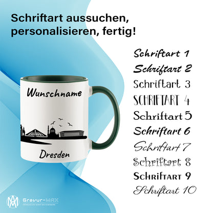 Tasse in Dunkelgrün 330ml bedruckt mit der Skyline von Dresden personalisierbar mit Wunschname