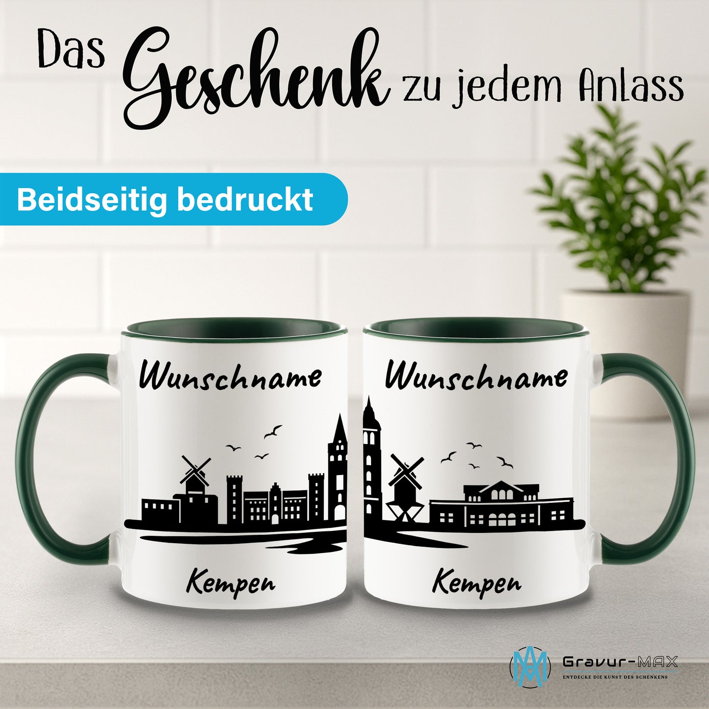 Tasse in Dunkelgrün 330ml bedruckt mit der Skyline von Kempen personalisierbar mit Wunschname