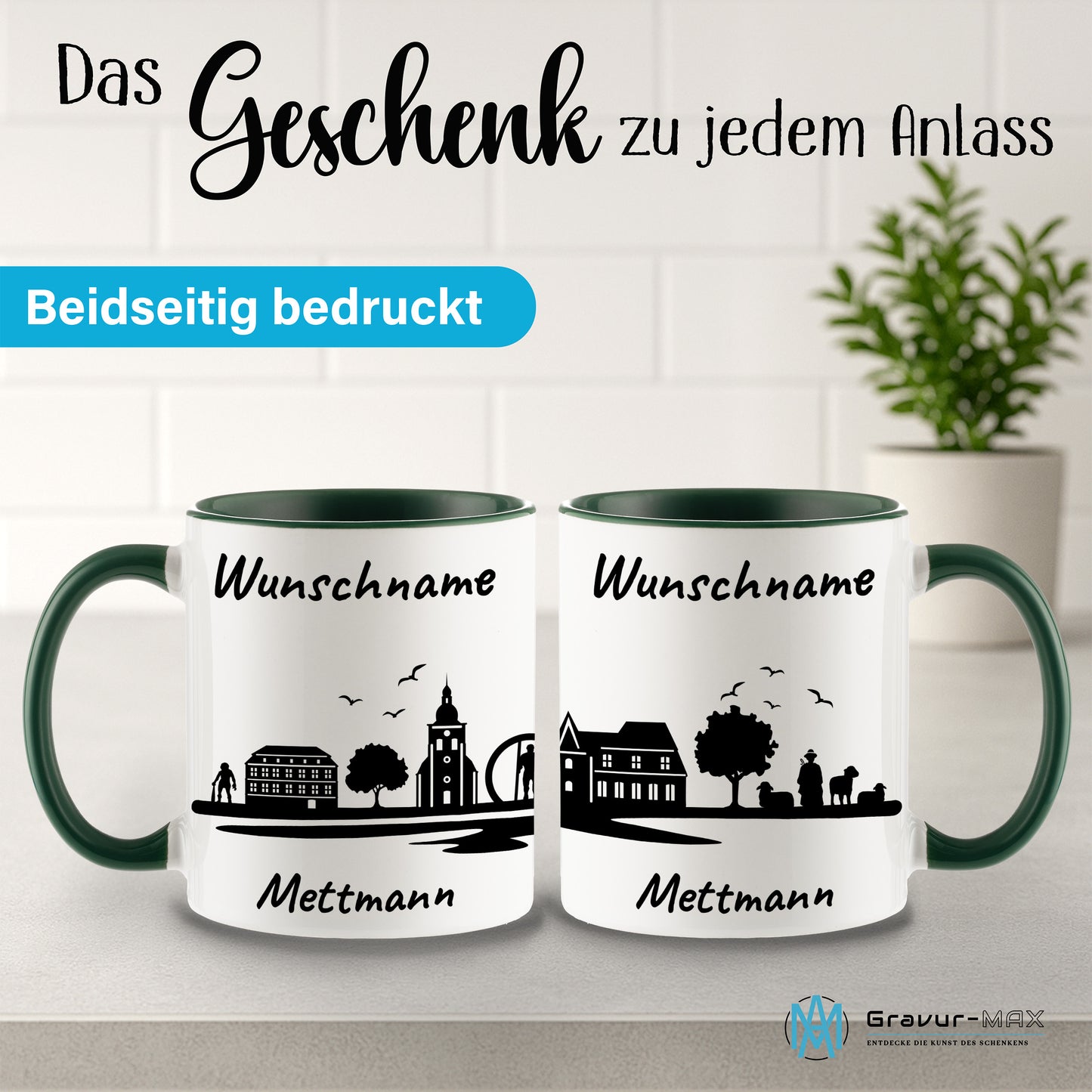 Tasse in Dunkelgrün 330ml bedruckt mit der Skyline von Mettmann personalisierbar mit Wunschname