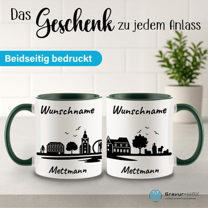 Tasse in Dunkelgrün 330ml bedruckt mit der Skyline von Mettmann personalisierbar mit Wunschname