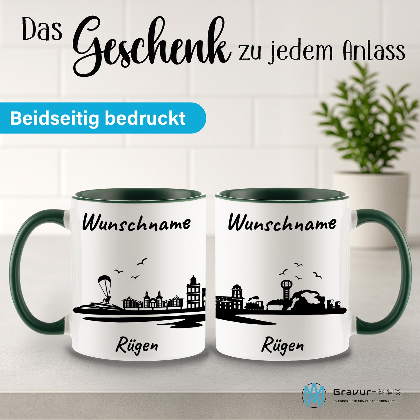 Tasse in Dunkelgrün 330ml bedruckt mit der Skyline von Rügen personalisierbar mit Wunschname