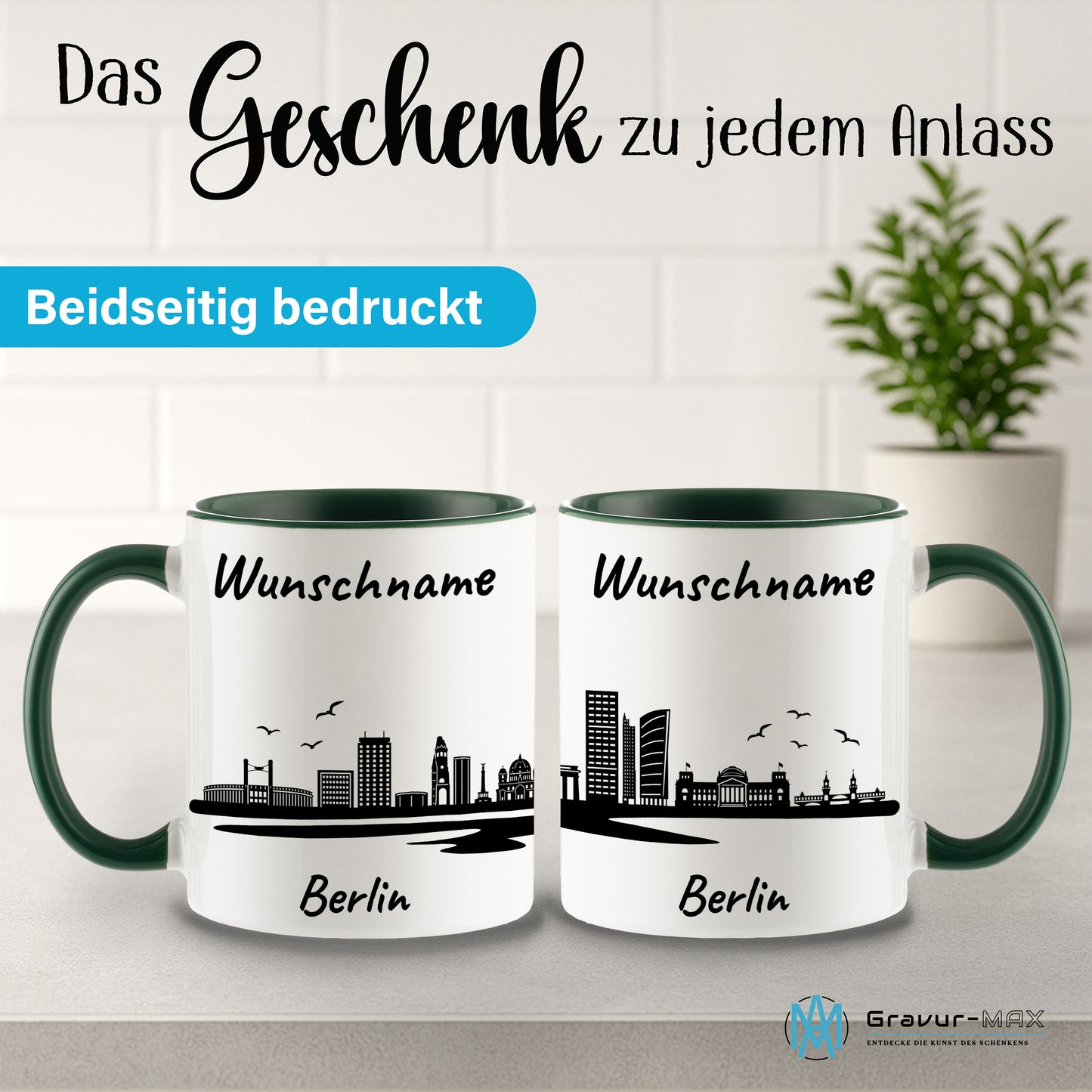 Tasse in Dunkelgrün 330ml bedruckt mit der Skyline von Berlin personalisierbar mit Wunschname