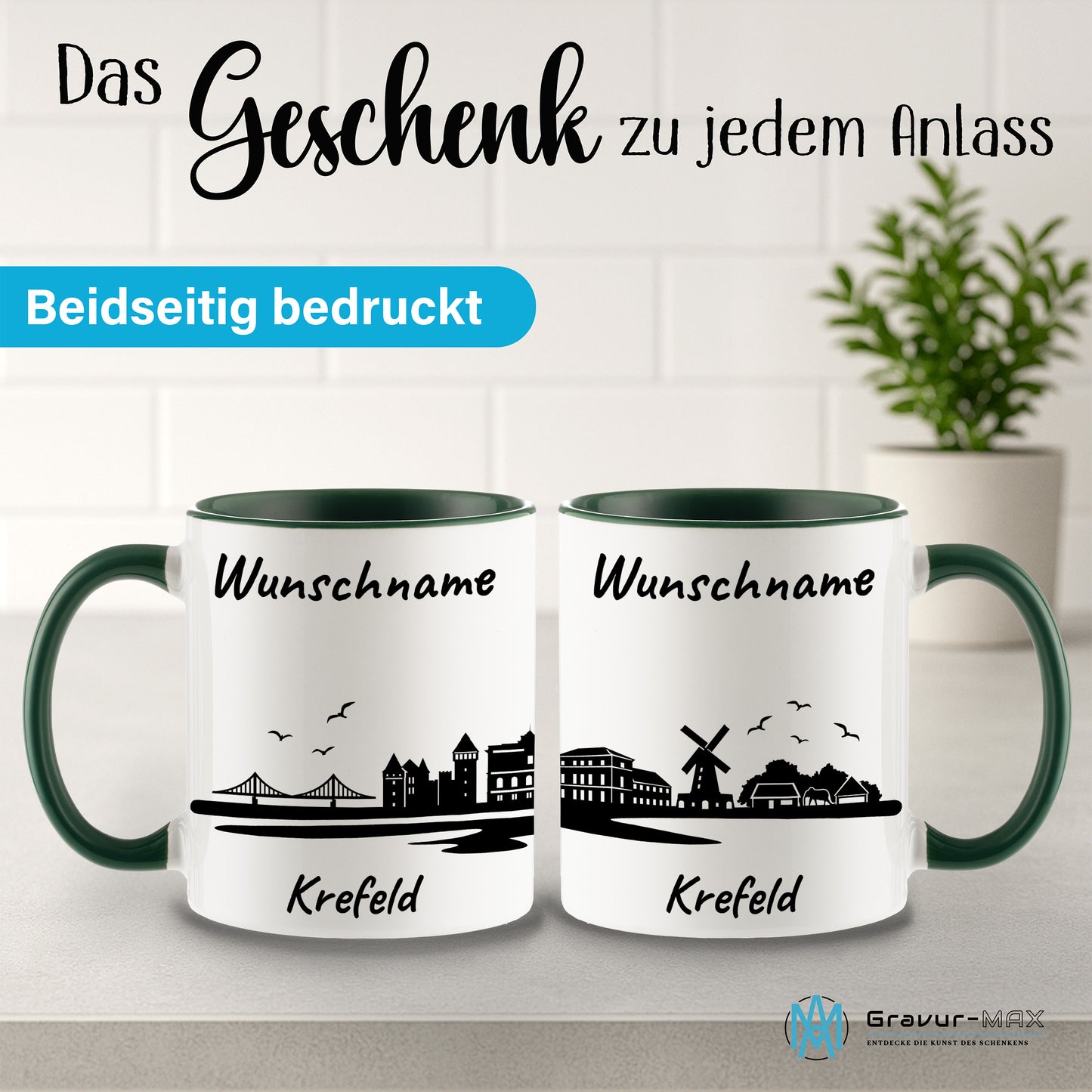 Tasse in Dunkelgrün 330ml bedruckt mit der Skyline von Krefeld personalisierbar mit Wunschname