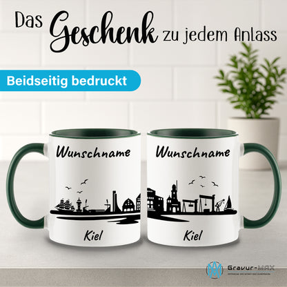 Tasse in Dunkelgrün 330ml bedruckt mit der Skyline von Kiel personalisierbar mit Wunschname