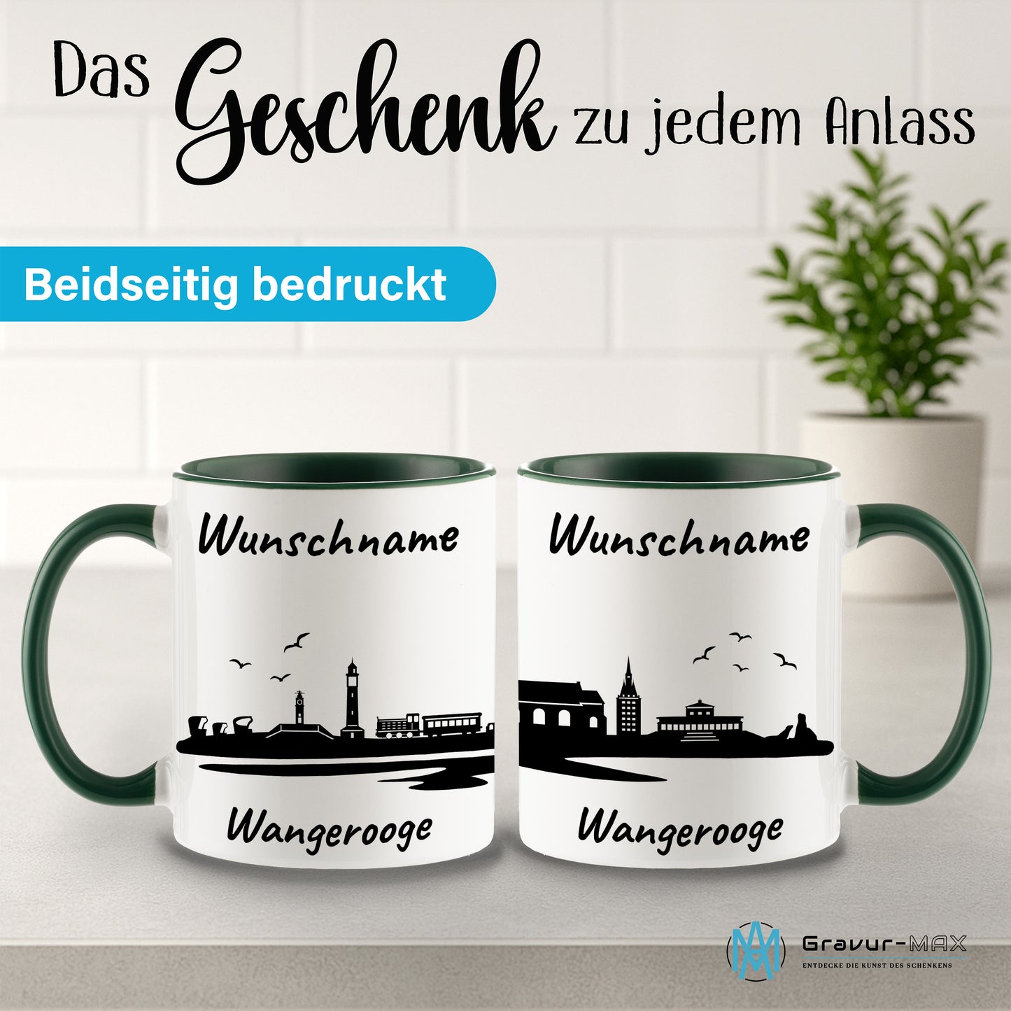 Tasse in Dunkelgrün 330ml bedruckt mit der Skyline von Wangerooge personalisierbar mit Wunschname