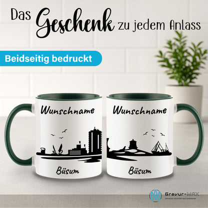 Tasse in Dunkelgrün 330ml bedruckt mit der Skyline von Büsum personalisierbar mit Wunschname