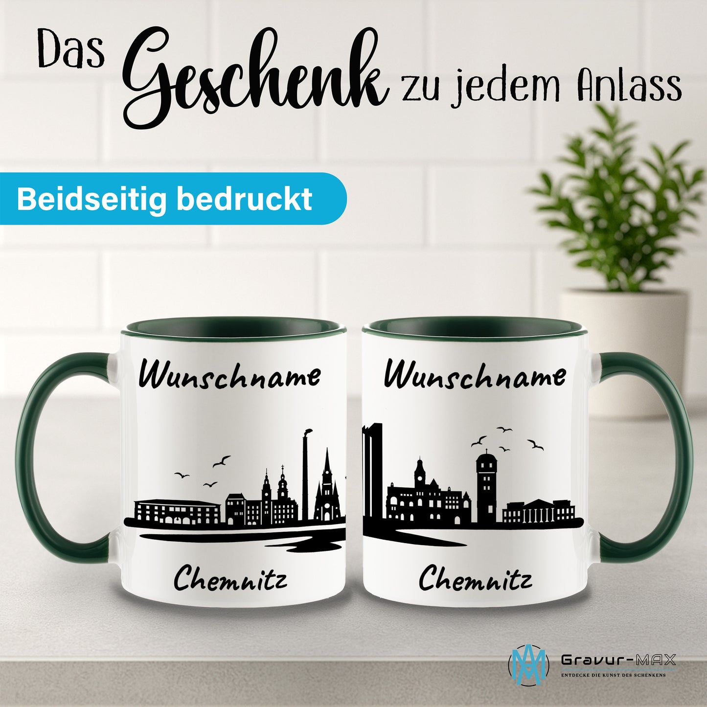 Tasse in Dunkelgrün 330ml bedruckt mit der Skyline von Chemnitz personalisierbar mit Wunschname
