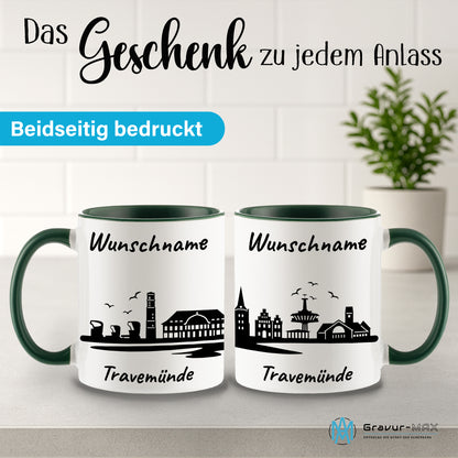 Tasse in Dunkelgrün 330ml bedruckt mit der Skyline von Travemünde personalisierbar mit Wunschname