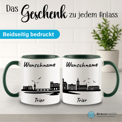 Tasse in Dunkelgrün 330ml bedruckt mit der Skyline von Trier personalisierbar mit Wunschname