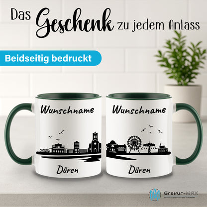 Tasse in Dunkelgrün 330ml bedruckt mit der Skyline von Düren personalisierbar mit Wunschname