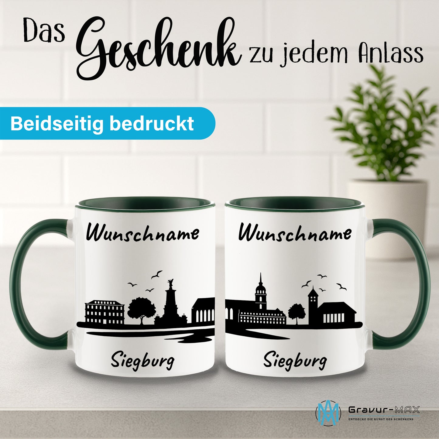 Tasse in Dunkelgrün 330ml bedruckt mit der Skyline von Siegburg personalisierbar mit Wunschname