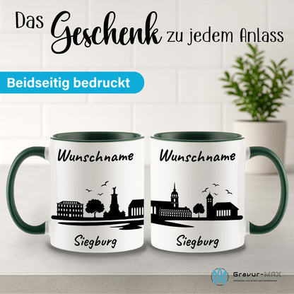 Tasse in Dunkelgrün 330ml bedruckt mit der Skyline von Siegburg personalisierbar mit Wunschname