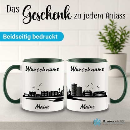 Tasse in Dunkelgrün 330ml bedruckt mit der Skyline von Mainz personalisierbar mit Wunschname