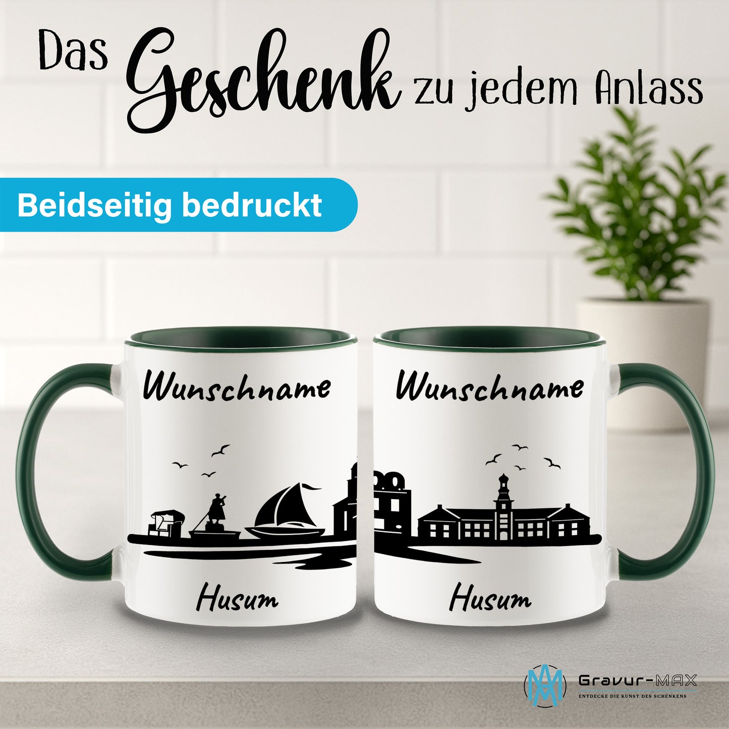 Tasse in Dunkelgrün 330ml bedruckt mit der Skyline von Husum personalisierbar mit Wunschname