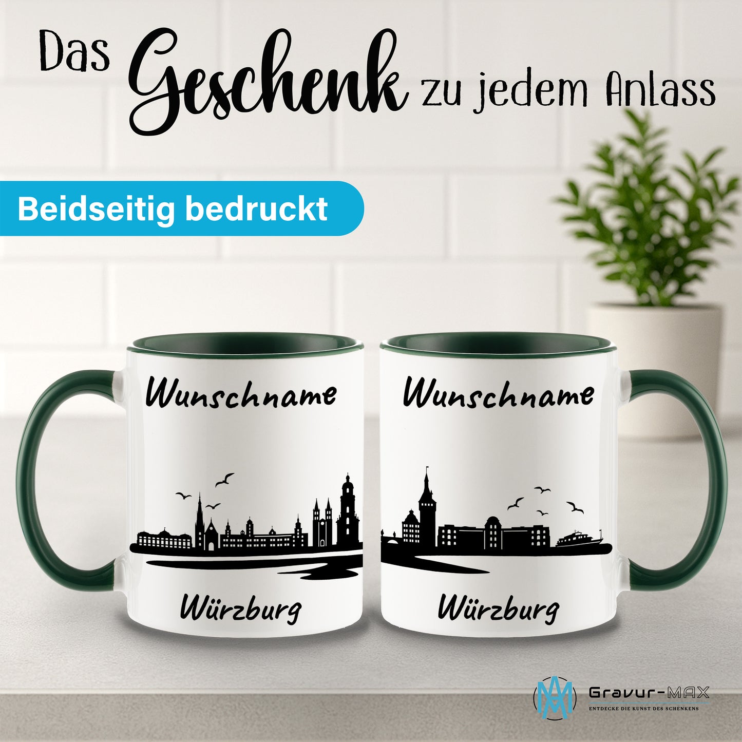 Tasse in Dunkelgrün 330ml bedruckt mit der Skyline von Würzburg personalisierbar mit Wunschname