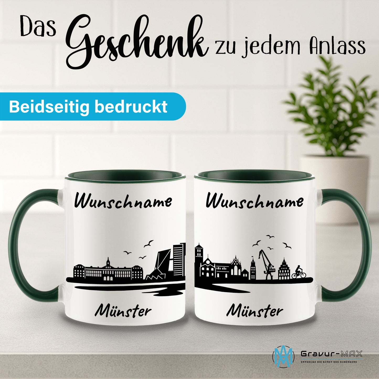Tasse in Dunkelgrün 330ml bedruckt mit der Skyline von Münster personalisierbar mit Wunschname