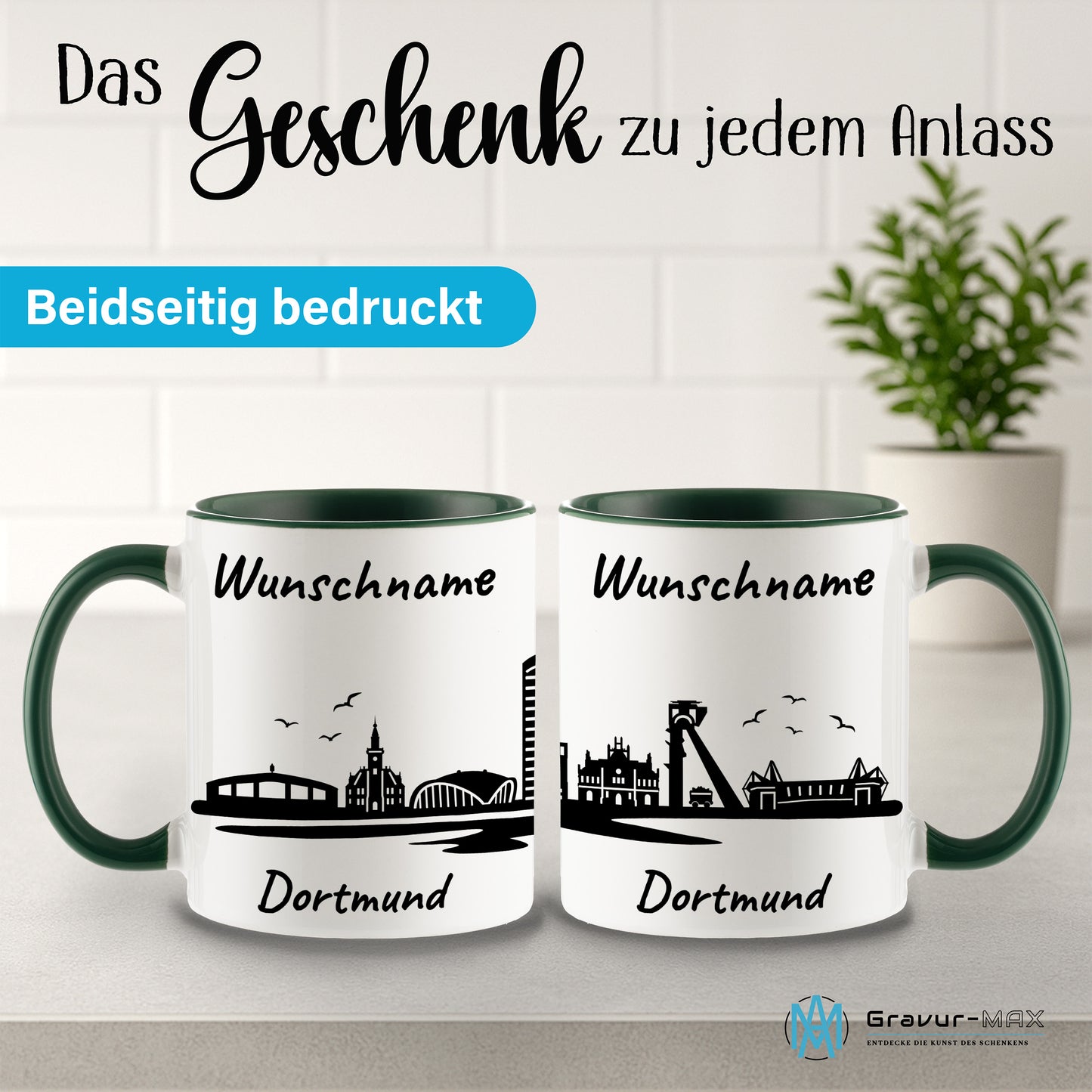 Tasse in Dunkelgrün 330ml bedruckt mit der Skyline von Dortmund personalisierbar mit Wunschname