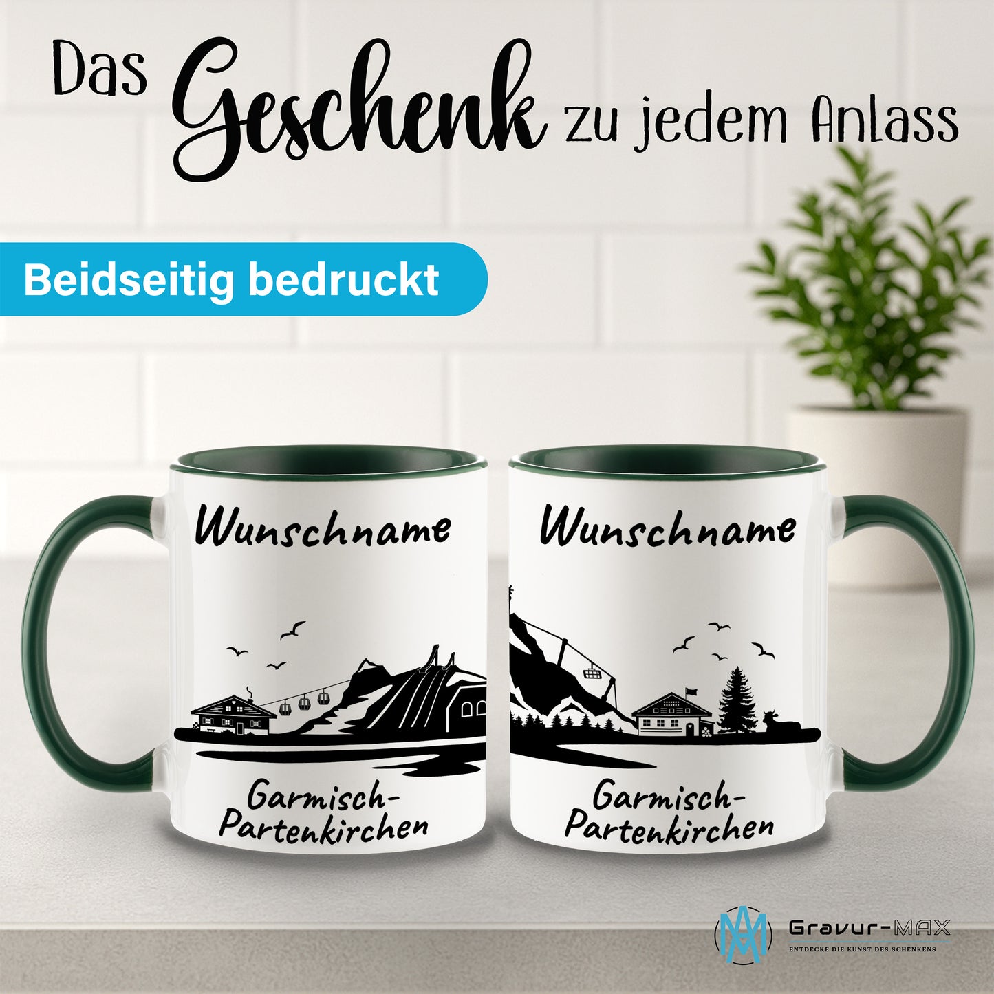 Tasse in Dunkelgrün 330ml bedruckt mit der Skyline von Garmisch-Partenkirchen personalisierbar mit Wunschname
