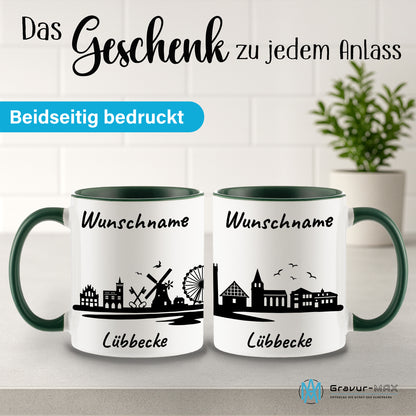 Tasse in Dunkelgrün 330ml bedruckt mit der Skyline von Lübbecke personalisierbar mit Wunschname