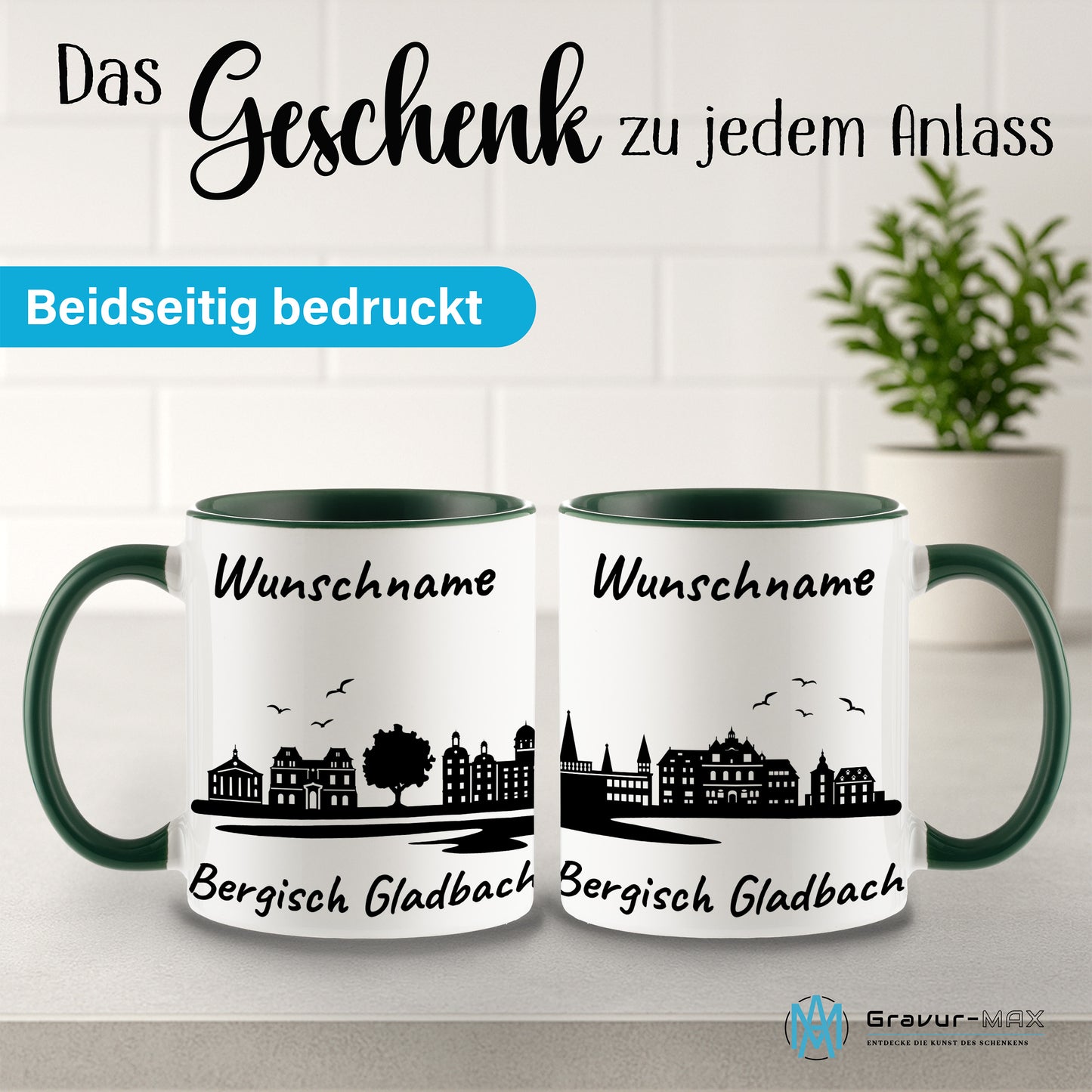 Tasse in Dunkelgrün 330ml bedruckt mit der Skyline von Bergisch Gladbach personalisierbar mit Wunschname