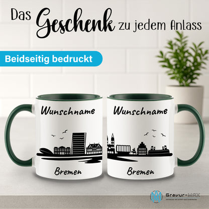 Tasse in Dunkelgrün 330ml bedruckt mit der Skyline von Bremen personalisierbar mit Wunschname
