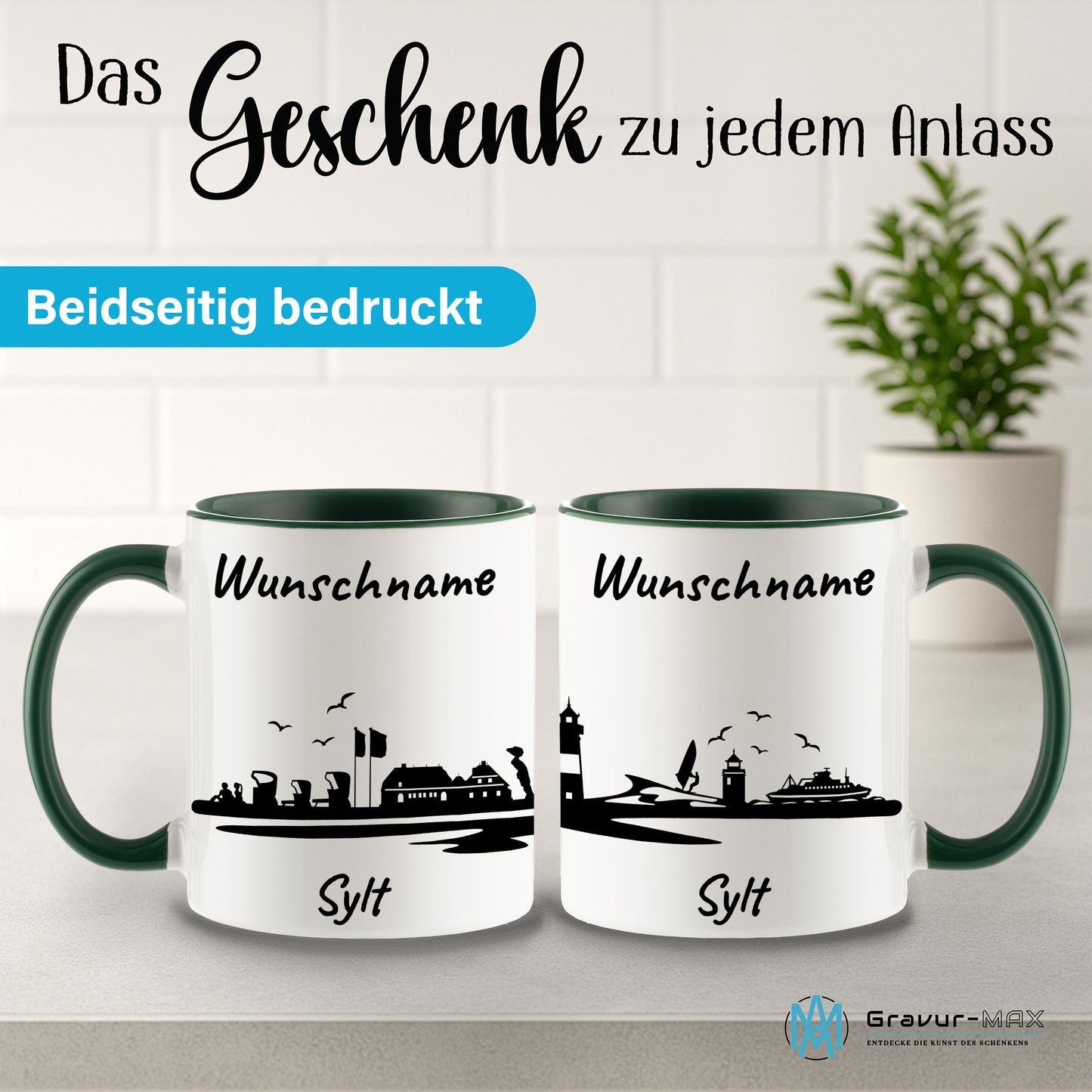 Tasse in Dunkelgrün 330ml bedruckt mit der Skyline von Sylt personalisierbar mit Wunschname