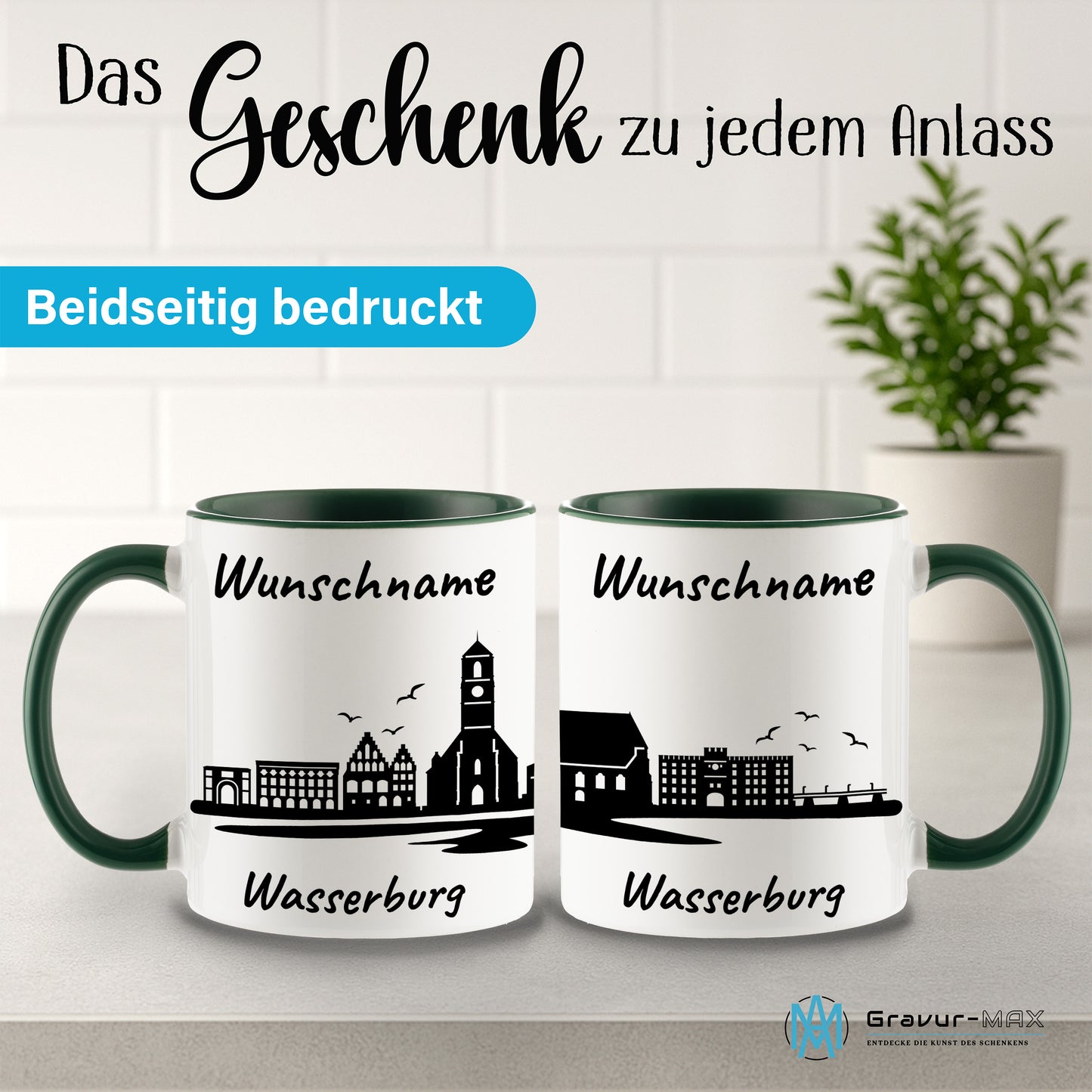 Tasse in Dunkelgrün 330ml bedruckt mit der Skyline von Wasserburg personalisierbar mit Wunschname