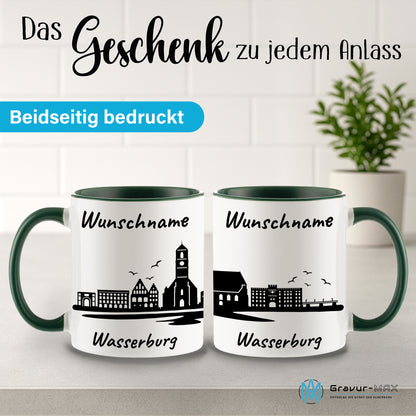 Tasse in Dunkelgrün 330ml bedruckt mit der Skyline von Wasserburg personalisierbar mit Wunschname
