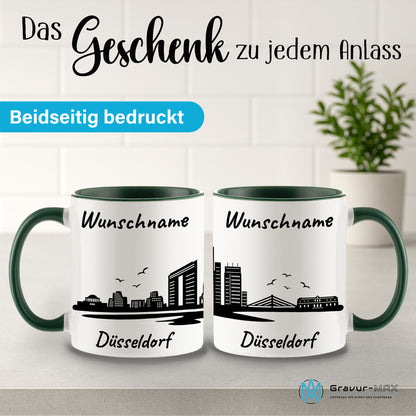 Tasse in Dunkelgrün 330ml bedruckt mit der Skyline von Düsseldorf personalisierbar mit Wunschname