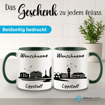 Tasse in Dunkelgrün 330ml bedruckt mit der Skyline von Lippstadt personalisierbar mit Wunschname