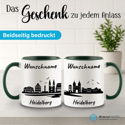 Tasse in Dunkelgrün 330ml bedruckt mit der Skyline von Heidelberg personalisierbar mit Wunschname