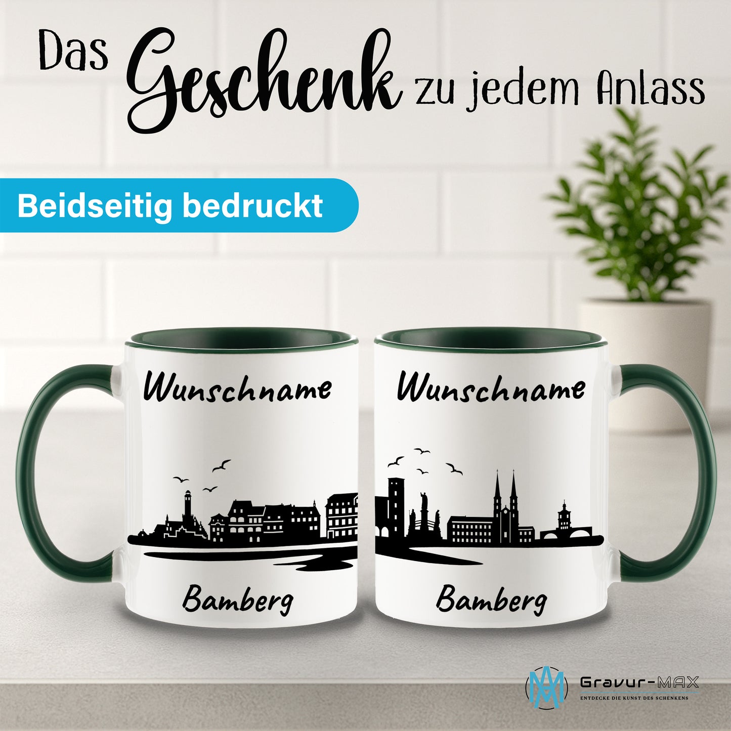 Tasse in Dunkelgrün 330ml bedruckt mit der Skyline von Bamberg personalisierbar mit Wunschname