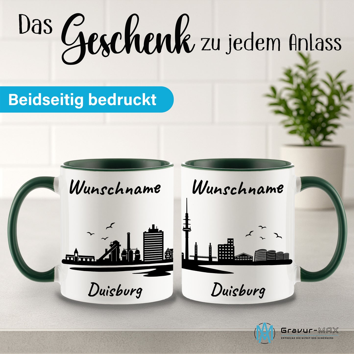 Tasse in Dunkelgrün 330ml bedruckt mit der Skyline von Duisburg personalisierbar mit Wunschname
