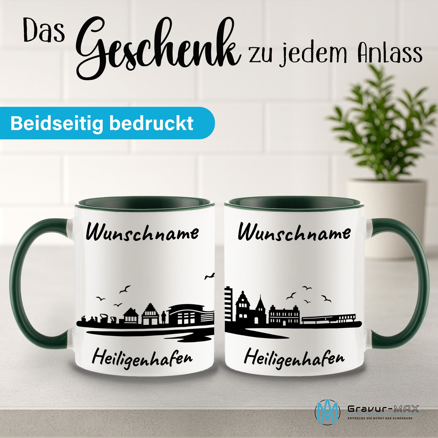 Tasse in Dunkelgrün 330ml bedruckt mit der Skyline von Heiligenhafen personalisierbar mit Wunschname