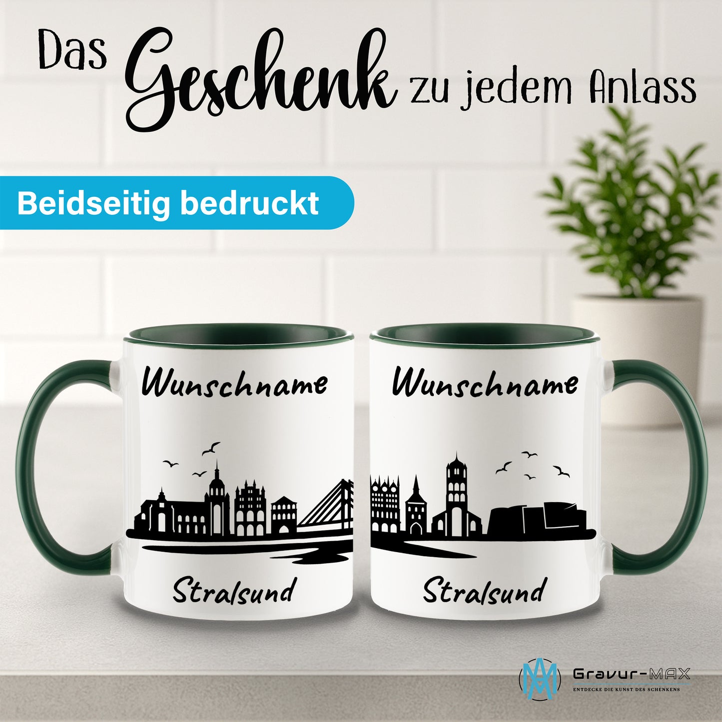 Tasse in Dunkelgrün 330ml bedruckt mit der Skyline von Stralsund personalisierbar mit Wunschname