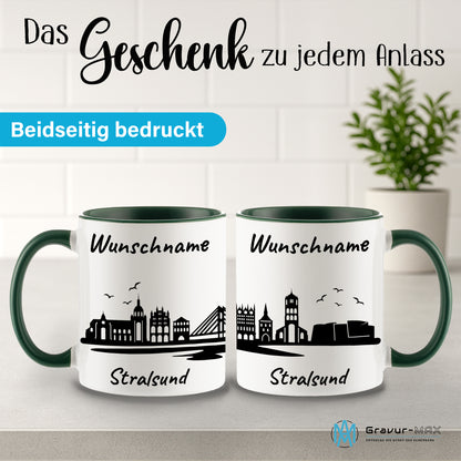 Tasse in Dunkelgrün 330ml bedruckt mit der Skyline von Stralsund personalisierbar mit Wunschname