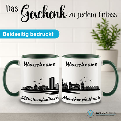 Tasse in Dunkelgrün 330ml bedruckt mit der Skyline von Mönchengladbach personalisierbar mit Wunschname
