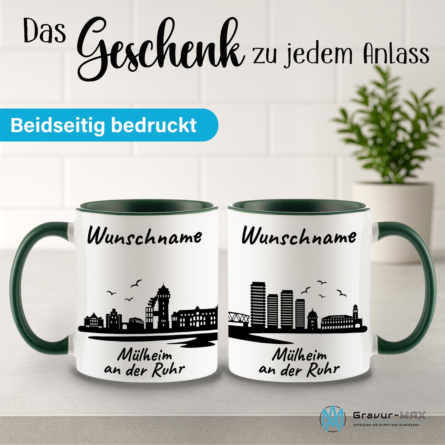 Tasse in Dunkelgrün 330ml bedruckt mit der Skyline von Mülheim an der Ruhr personalisierbar mit Wunschname