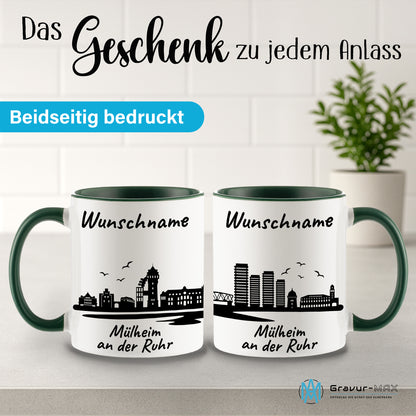 Tasse in Dunkelgrün 330ml bedruckt mit der Skyline von Mülheim an der Ruhr personalisierbar mit Wunschname