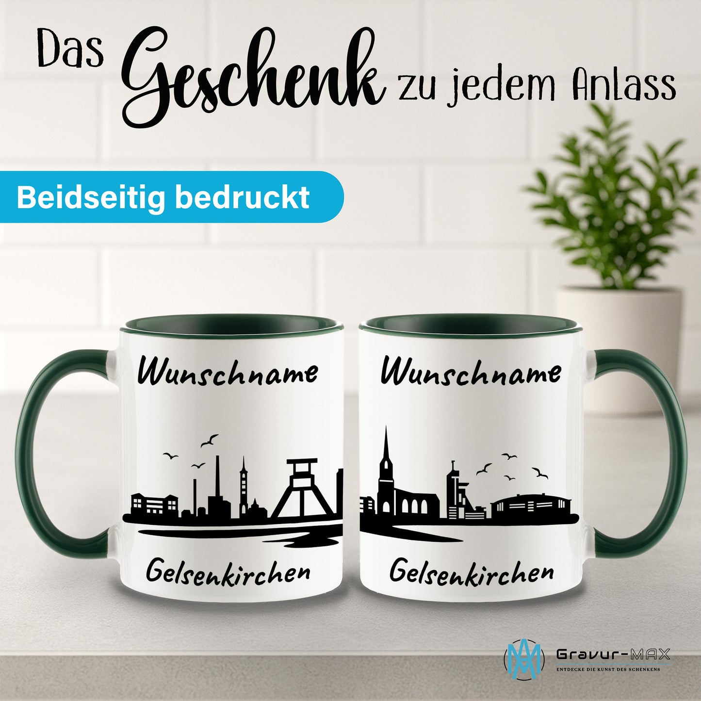 Tasse in Dunkelgrün 330ml bedruckt mit der Skyline von Gelsenkirchen personalisierbar mit Wunschname