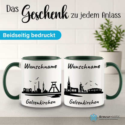 Tasse in Dunkelgrün 330ml bedruckt mit der Skyline von Gelsenkirchen personalisierbar mit Wunschname
