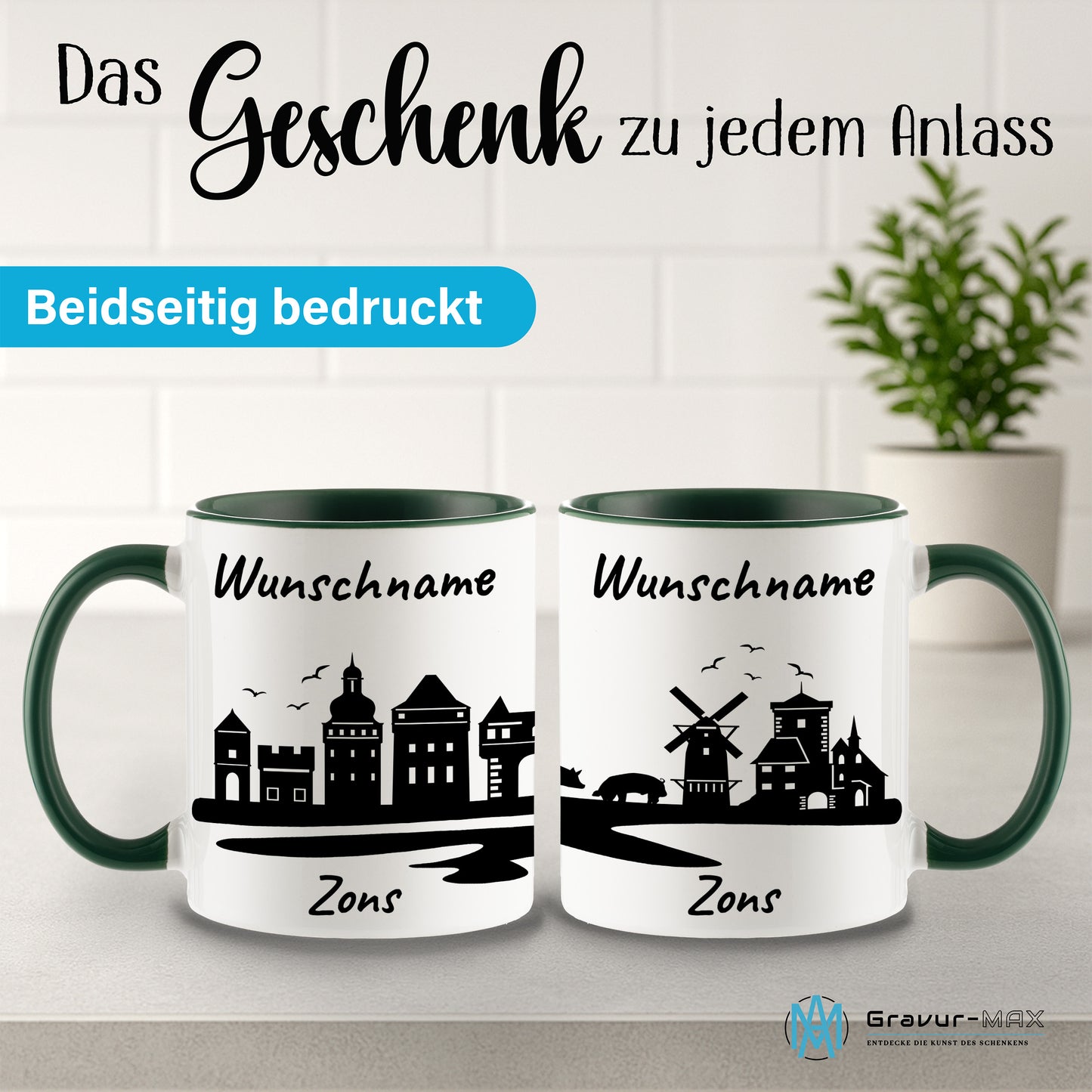 Tasse in Dunkelgrün 330ml bedruckt mit der Skyline von Zons (Dormagen) personalisierbar mit Wunschname