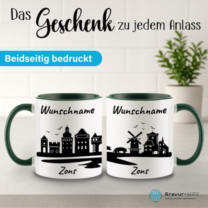 Tasse in Dunkelgrün 330ml bedruckt mit der Skyline von Zons (Dormagen) personalisierbar mit Wunschname