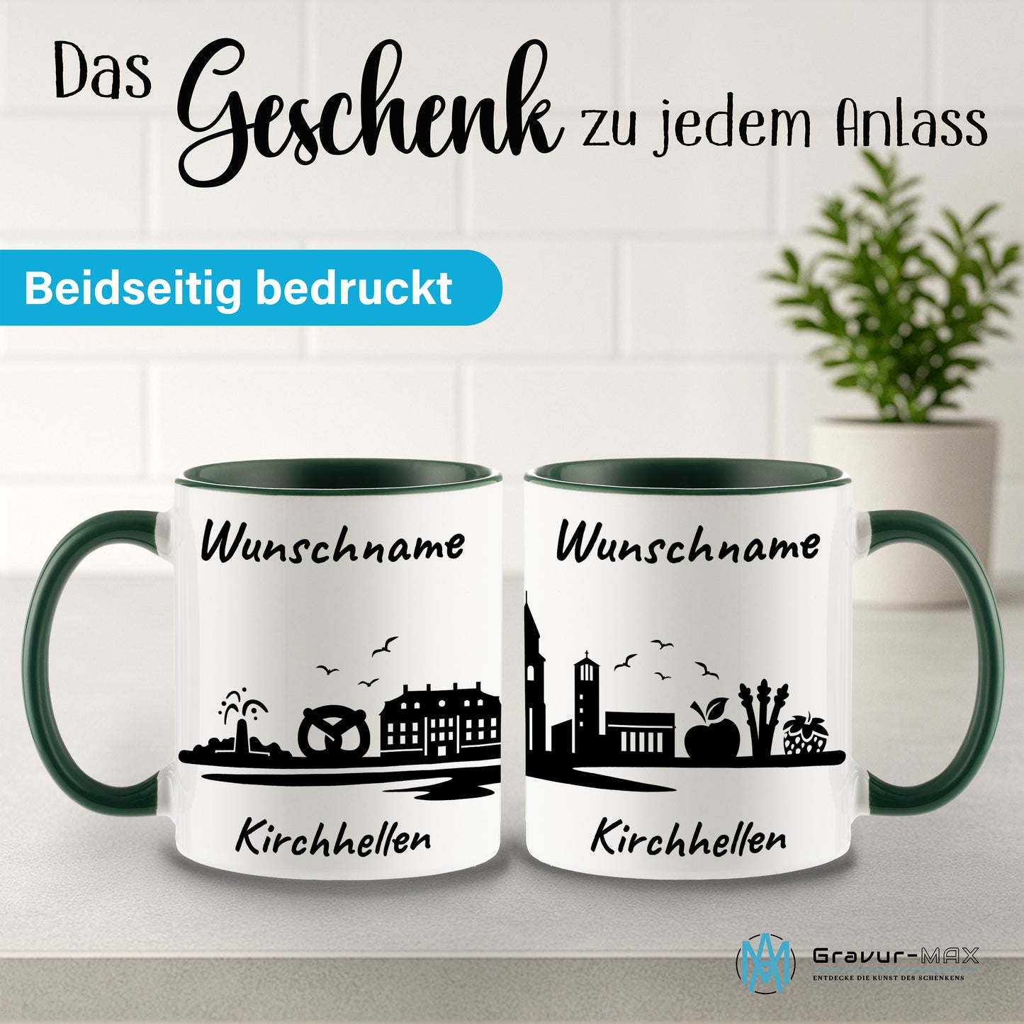 Tasse in Dunkelgrün 330ml bedruckt mit der Skyline von Kirchhellen personalisierbar mit Wunschname