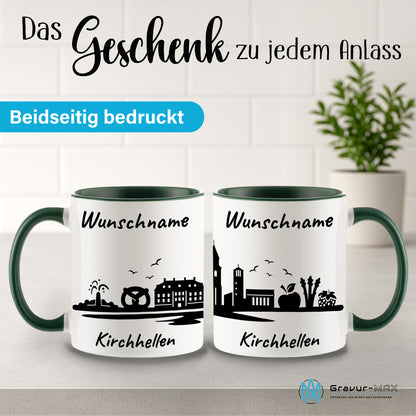 Tasse in Dunkelgrün 330ml bedruckt mit der Skyline von Kirchhellen personalisierbar mit Wunschname